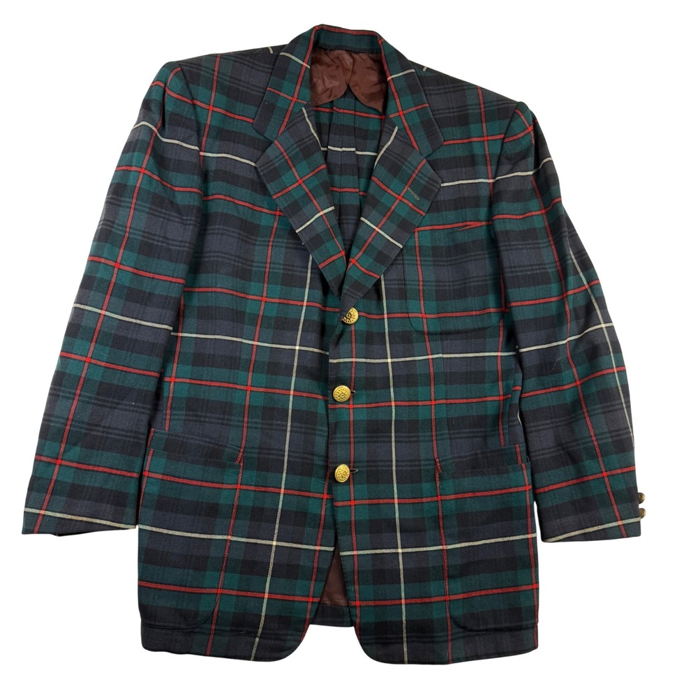 Fruhauf New York Mens Plaid Blazer Large Green Navy Tartan Gold Crest Buttons